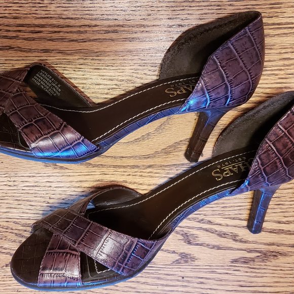 Ralph Lauren Chaps Women's 8.5 Brown Leather Pumps Croc Peep Toe Heels - Picture 7 of 8